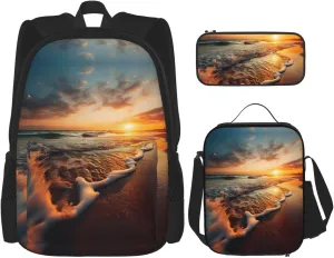 Ocean Tide Print Stylish Travel Backpack And Lunch Box Set,600d Oxford Fabric,With Insulated Lunch Bag