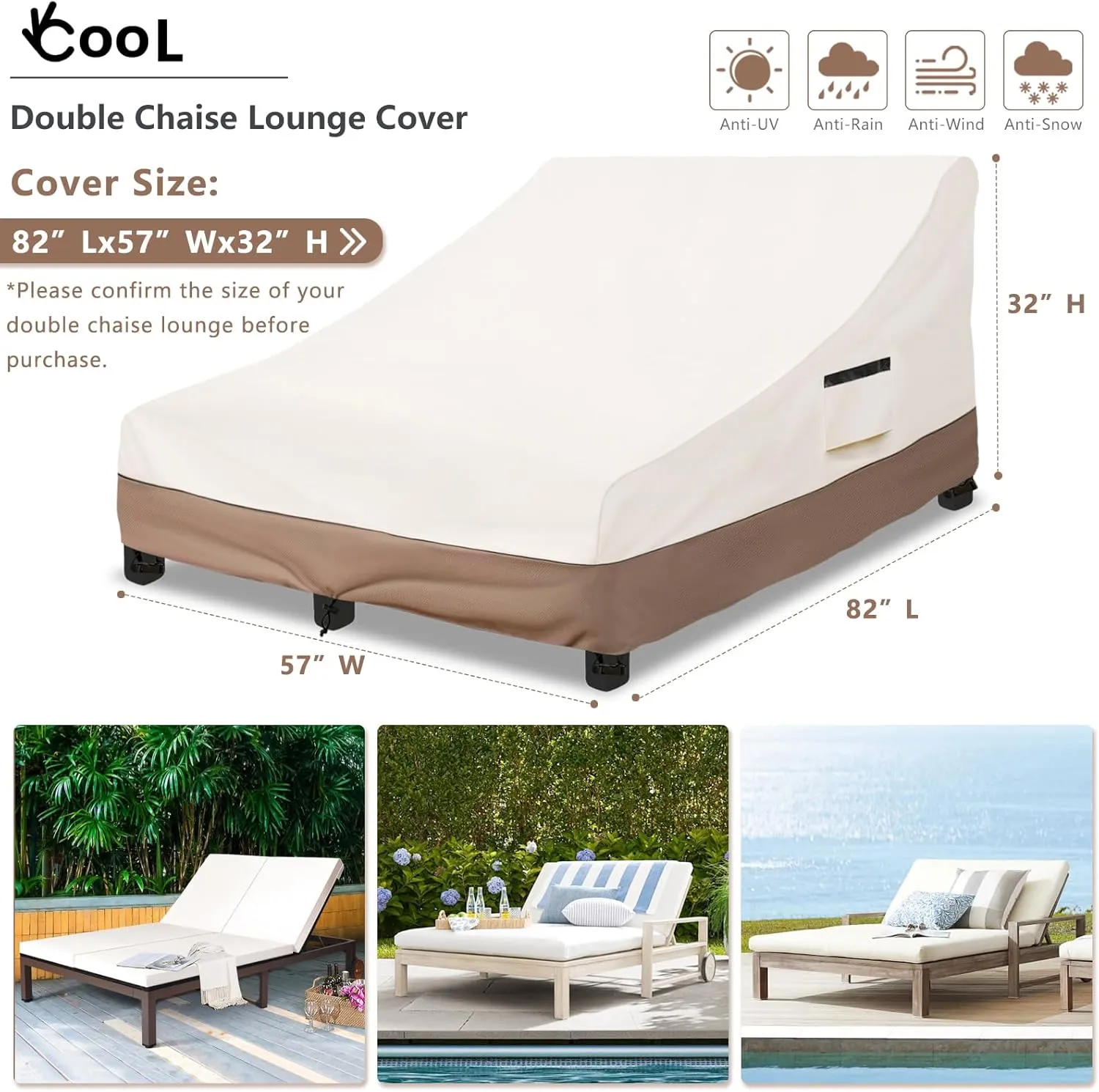 Okcool 100% Waterproof Patio Double Wide Chaise Lounge Chair Cover, 600D Tough Canvas 80 Inch Outdoor Chaise Lounge Covers,Beige & Brown