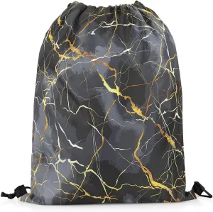 Ombre Marble Textured Drawstring Backpack,Grey Gold Marbling String Bag,Abstract Fluid Art Foldable Sackpack 13X15.7, Gold String Backpack for Sport Gym Camping Traveling