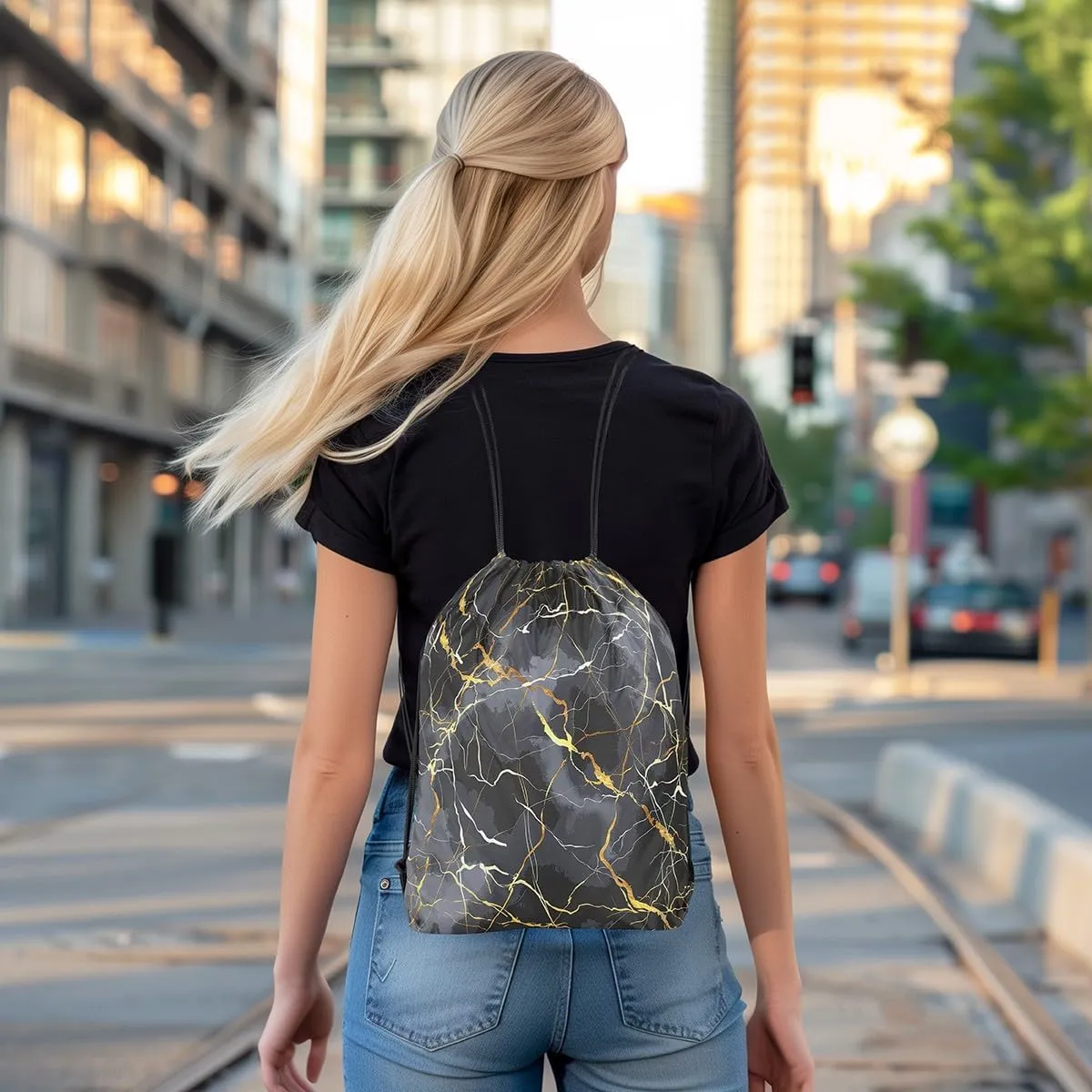 Ombre Marble Textured Drawstring Backpack,Grey Gold Marbling String Bag,Abstract Fluid Art Foldable Sackpack 13X15.7, Gold String Backpack for Sport Gym Camping Traveling