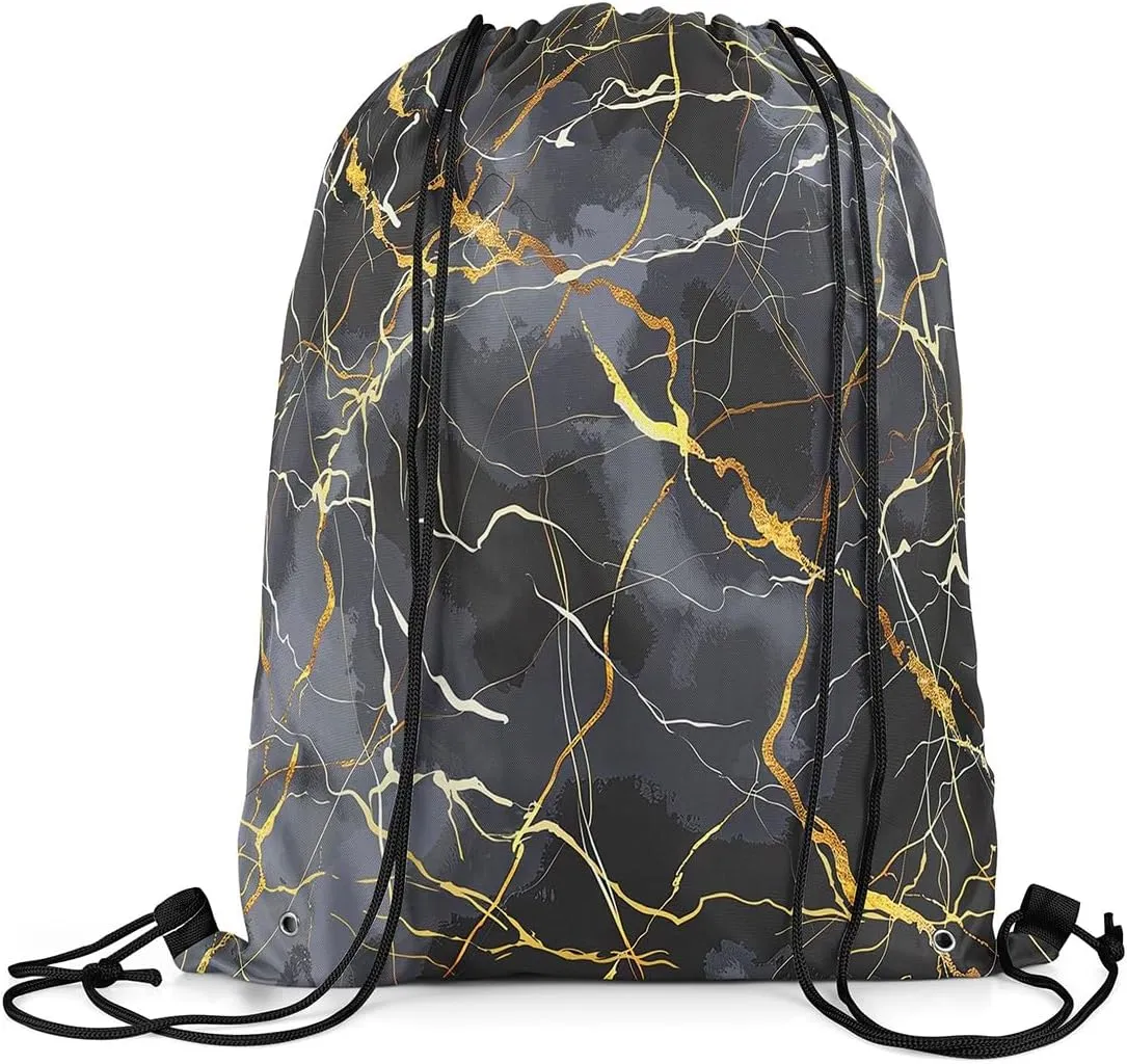Ombre Marble Textured Drawstring Backpack,Grey Gold Marbling String Bag,Abstract Fluid Art Foldable Sackpack 13X15.7, Gold String Backpack for Sport Gym Camping Traveling