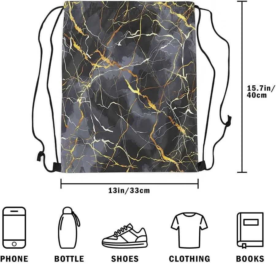 Ombre Marble Textured Drawstring Backpack,Grey Gold Marbling String Bag,Abstract Fluid Art Foldable Sackpack 13X15.7, Gold String Backpack for Sport Gym Camping Traveling