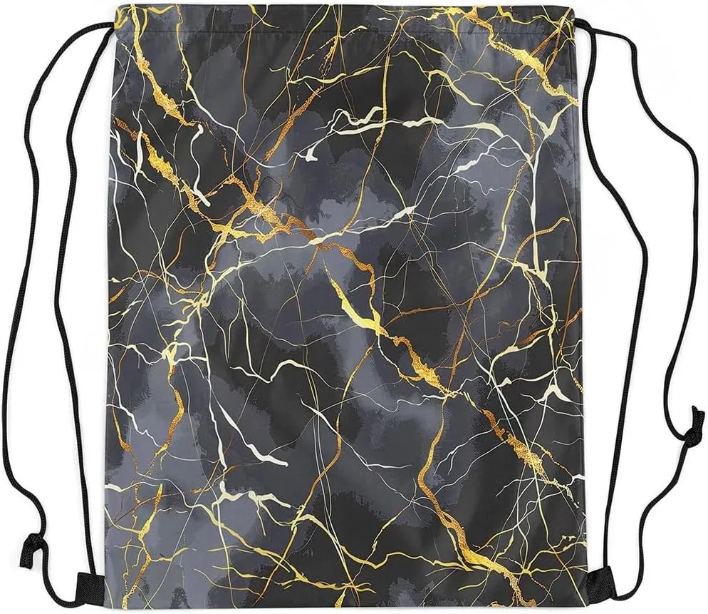 Ombre Marble Textured Drawstring Backpack,Grey Gold Marbling String Bag,Abstract Fluid Art Foldable Sackpack 13X15.7, Gold String Backpack for Sport Gym Camping Traveling