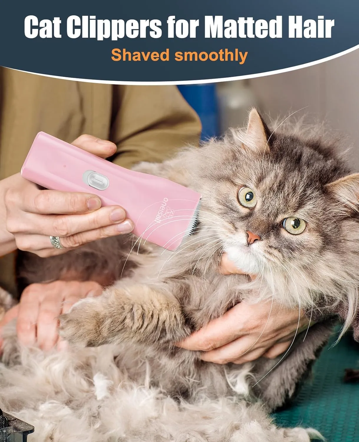 oneisall Waterproof Pet Clippers for Cats, Quiet Cordless Cat Clippers for Matted & Long Hair, Safe Rechargeable Pet Shaver Cat Hair Trimmer for Butt with Storage Bag (Pink)