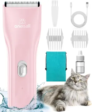 oneisall Waterproof Pet Clippers for Cats, Quiet Cordless Cat Clippers for Matted & Long Hair, Safe Rechargeable Pet Shaver Cat Hair Trimmer for Butt with Storage Bag (Pink)