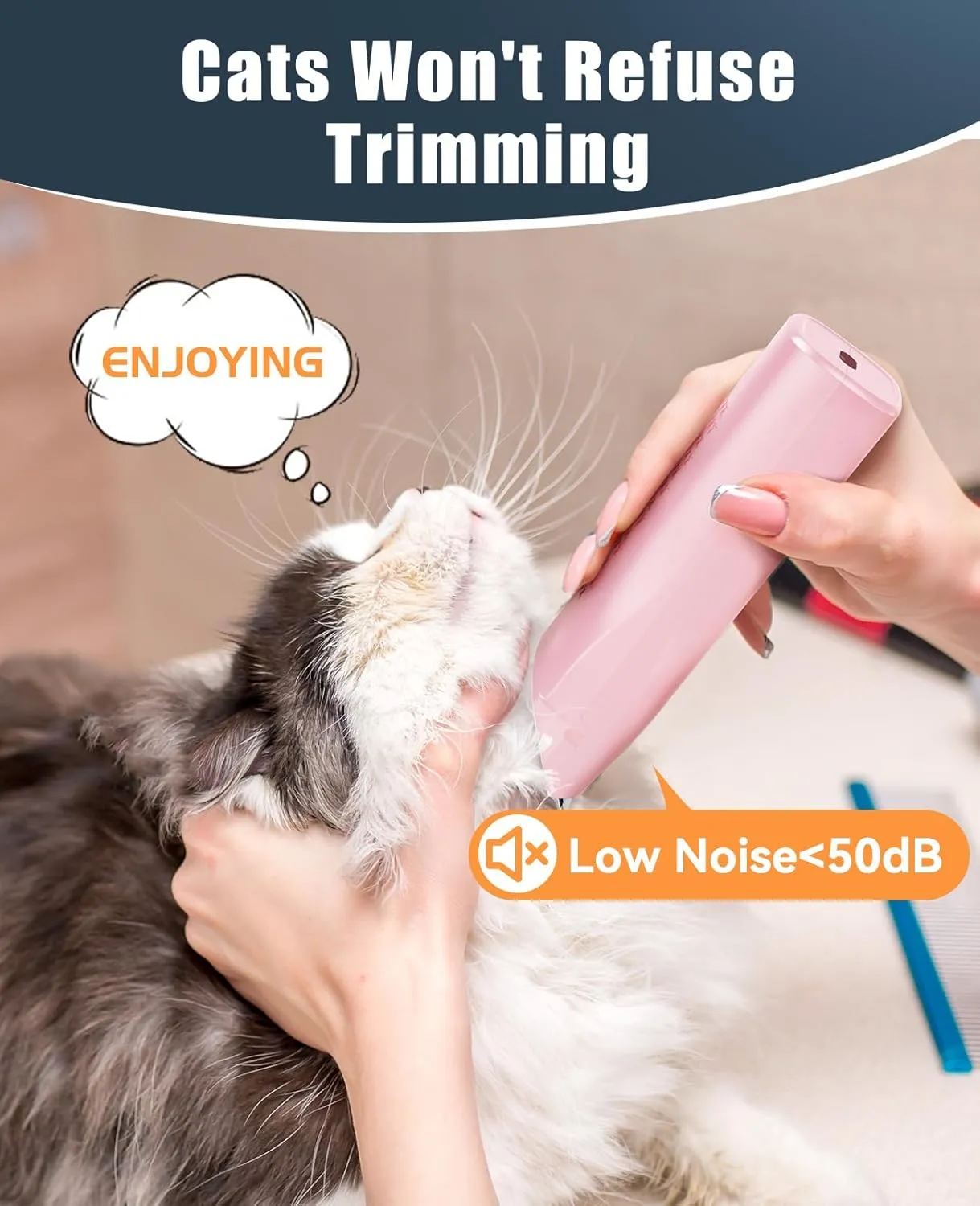 oneisall Waterproof Pet Clippers for Cats, Quiet Cordless Cat Clippers for Matted & Long Hair, Safe Rechargeable Pet Shaver Cat Hair Trimmer for Butt with Storage Bag (Pink)