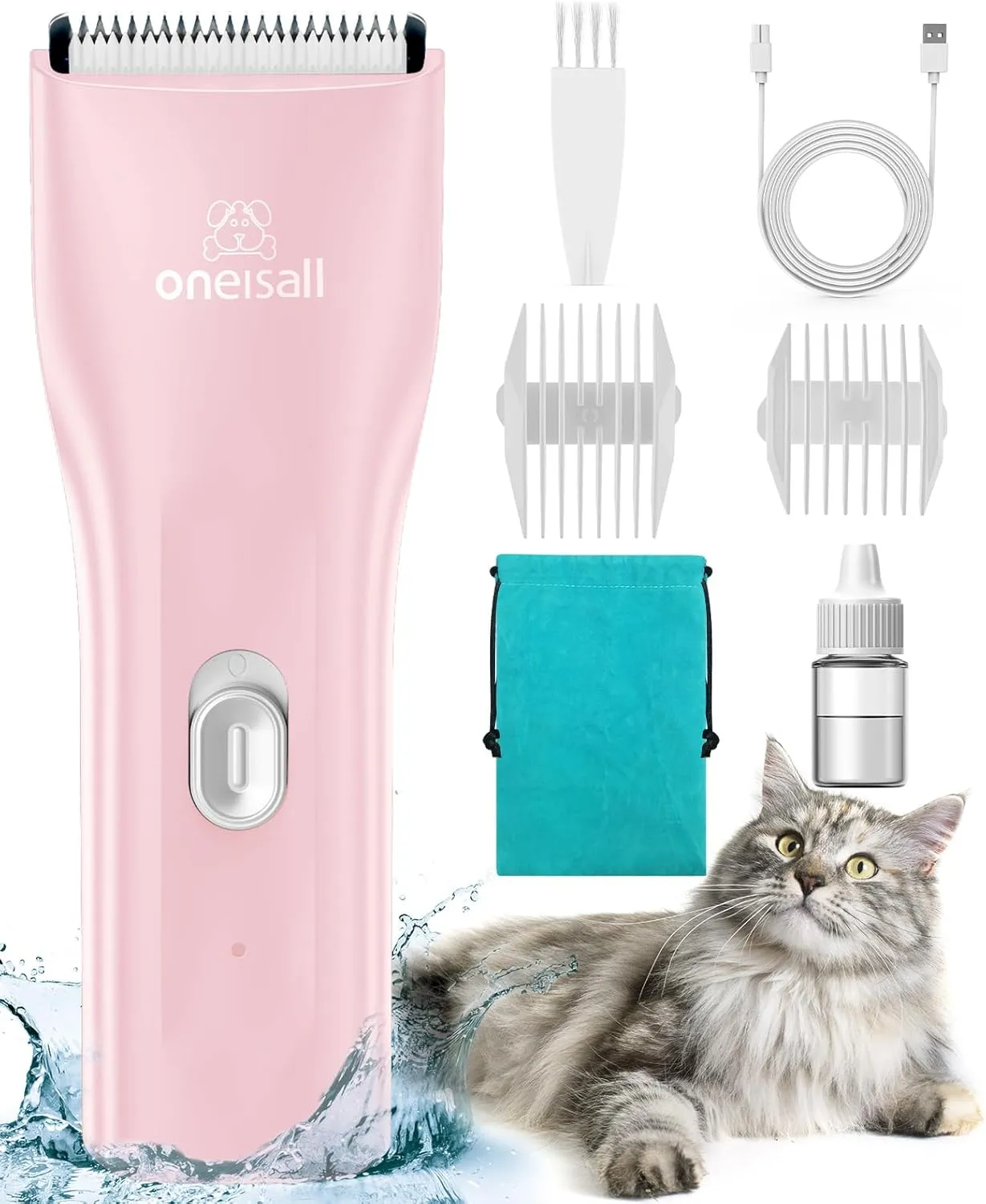 oneisall Waterproof Pet Clippers for Cats, Quiet Cordless Cat Clippers for Matted & Long Hair, Safe Rechargeable Pet Shaver Cat Hair Trimmer for Butt with Storage Bag (Pink)