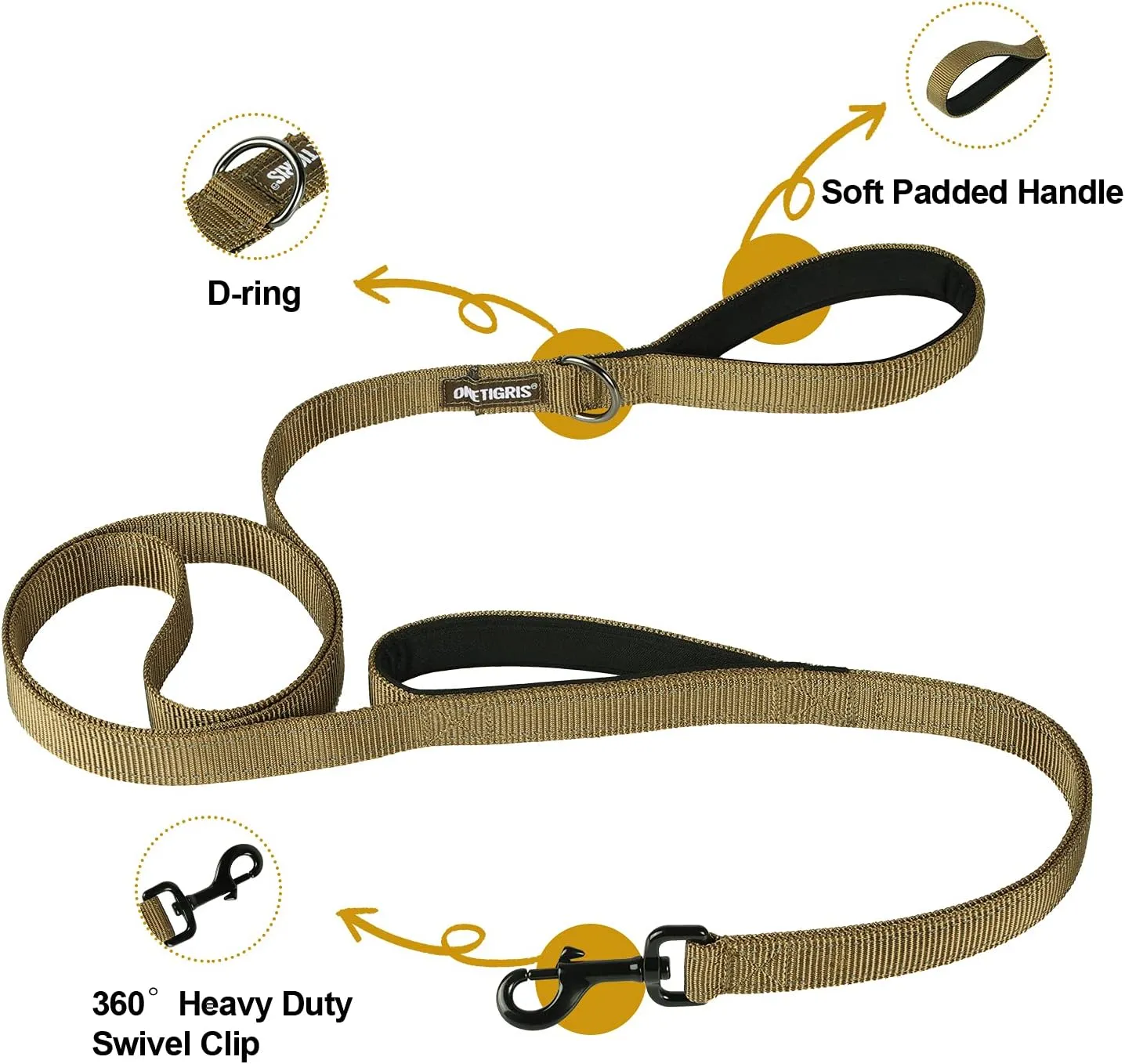 OneTigris Handled No-Pull Dog Walking Leash Long Traffic Leads for Medium to Large Dogs (Brown, 4FT)