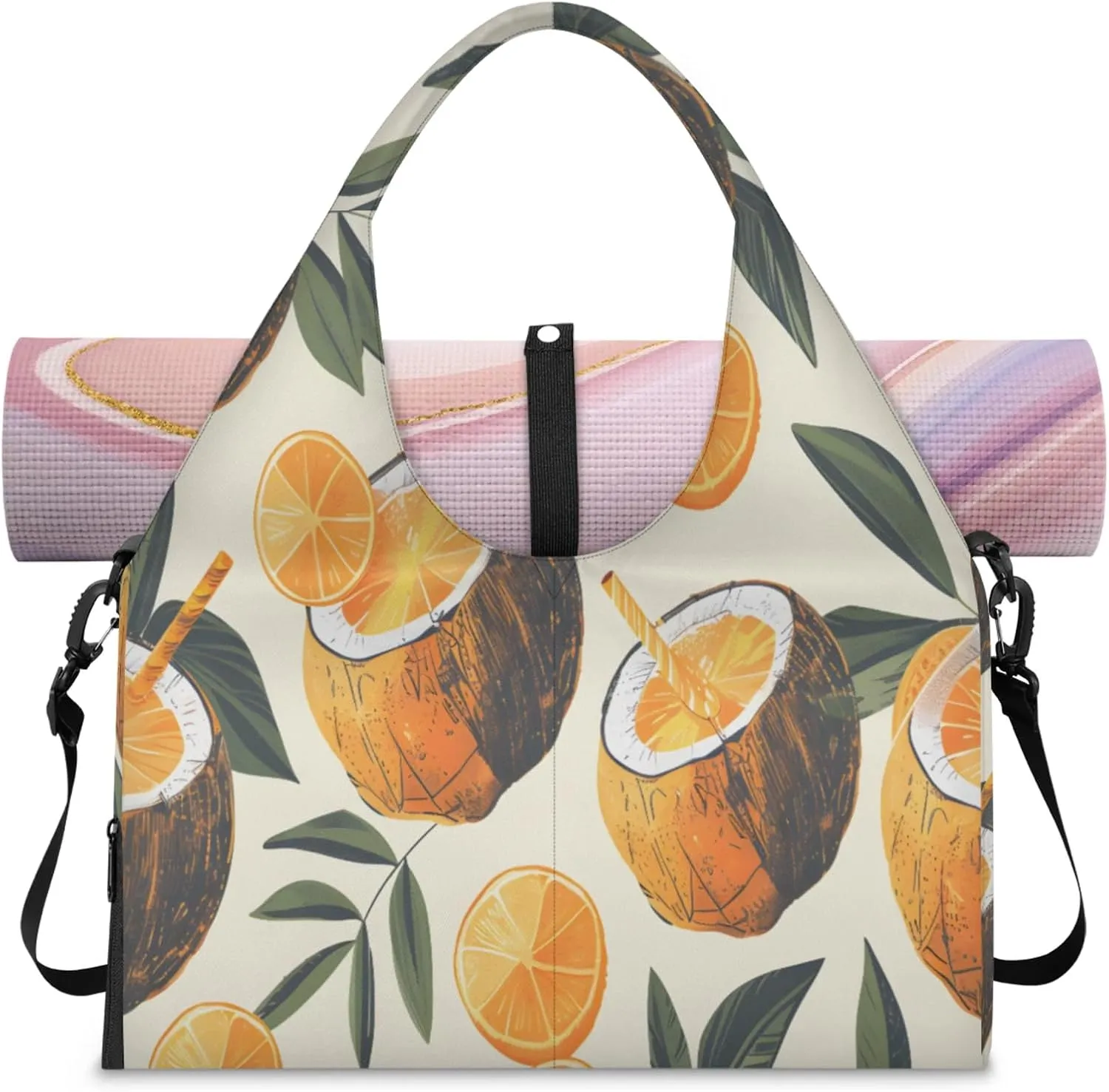 Orange Coconut Women's Yoga Gym Bag - Adjustable shoulder strap with shoe compartment, large gym bag with multiple pockets for yoga mat, gym equipment and travel accessories