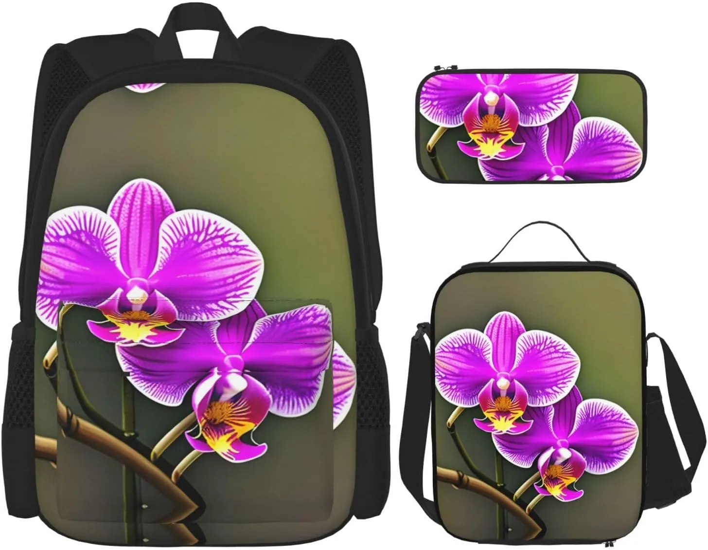 Orchid Flower Print Stylish Travel Backpack And Lunch Box Set,600d Oxford Fabric,With Insulated Lunch Bag