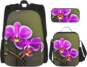 Orchid Flower Print Stylish Travel Backpack And Lunch Box Set,600d Oxford Fabric,With Insulated Lunch Bag