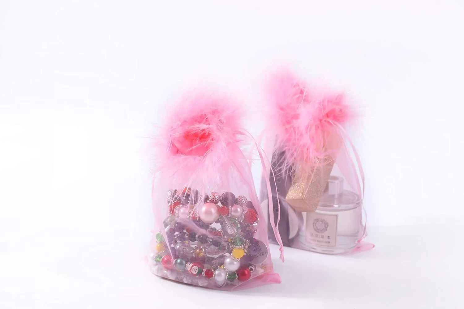 Organza Pouches - Feather Fur Trimmed Top Drawstring Bags For Wedding Party Eyelash Jewelry Candy Baby Shower 5x7 Inches Pack Of 12