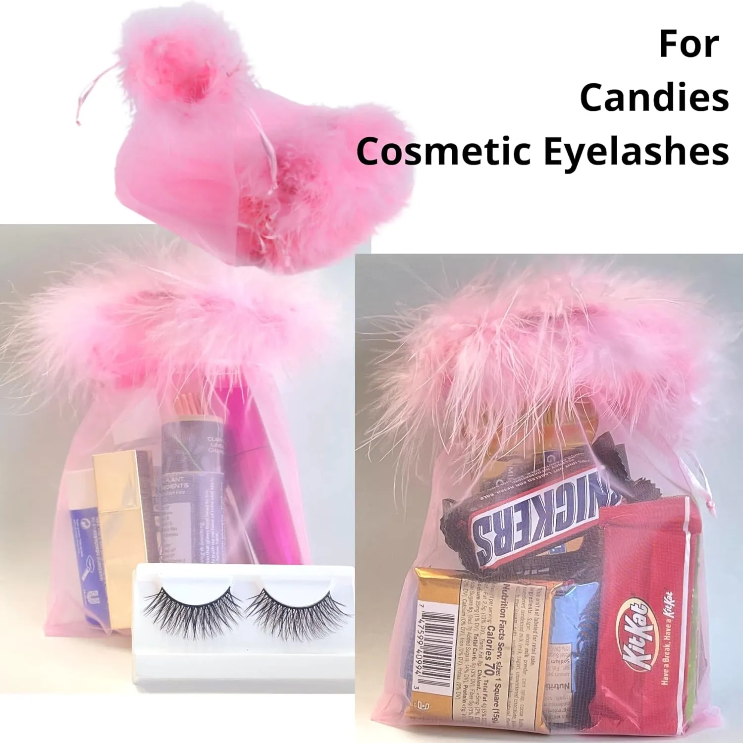 Organza Pouches - Feather Fur Trimmed Top Drawstring Bags For Wedding Party Eyelash Jewelry Candy Baby Shower 5x7 Inches Pack Of 12