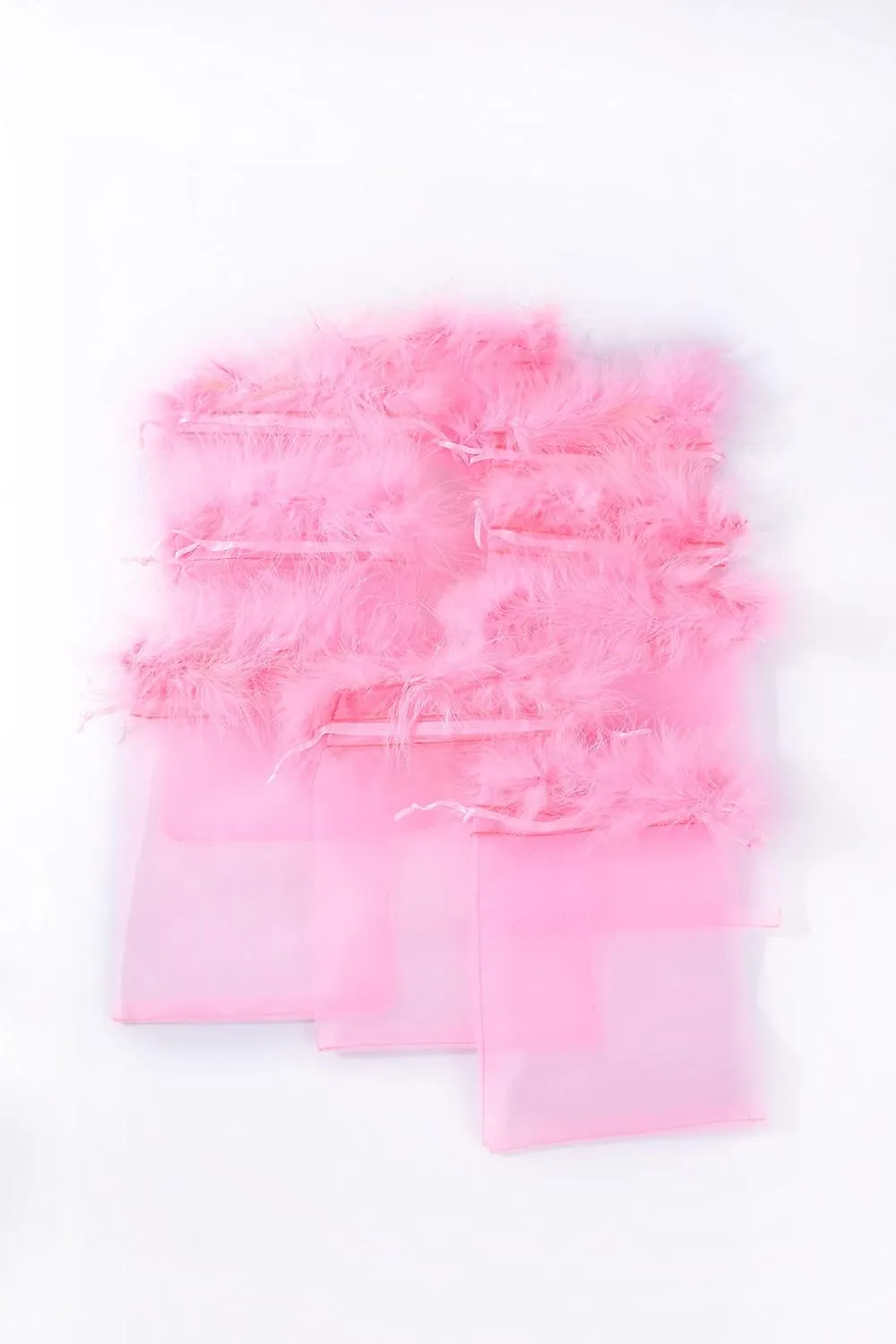 Organza Pouches - Feather Fur Trimmed Top Drawstring Bags For Wedding Party Eyelash Jewelry Candy Baby Shower 5x7 Inches Pack Of 12