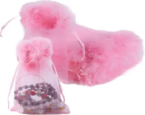 Organza Pouches - Feather Fur Trimmed Top Drawstring Bags For Wedding Party Eyelash Jewelry Candy Baby Shower 5x7 Inches Pack Of 12