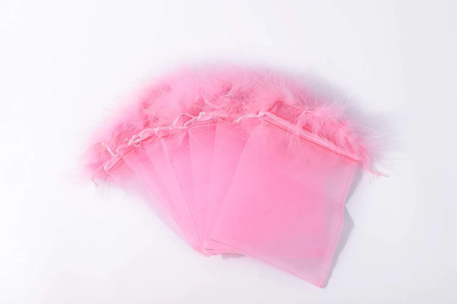 Organza Pouches - Feather Fur Trimmed Top Drawstring Bags For Wedding Party Eyelash Jewelry Candy Baby Shower 5x7 Inches Pack Of 12