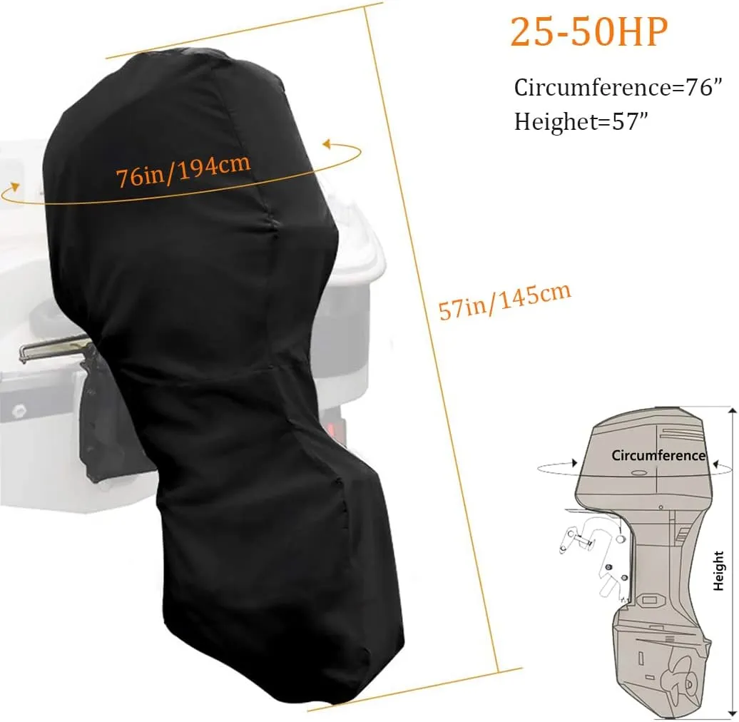 Outboard Motor Cover 25-50 HP, Full Outboard Engine Cover, Black 600D Heavy Duty Fabric, Waterproof Boat Motor Covers