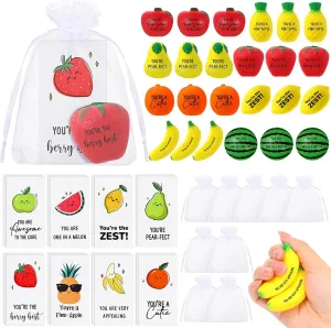 Outus 24 Sets Fruit Stress Balls with Motivational Quotes Cards Fruit Stress Balls Toys with Inspirational Cards, Anxiety Relief Toy Organza Bags for Employee Teacher Gifts