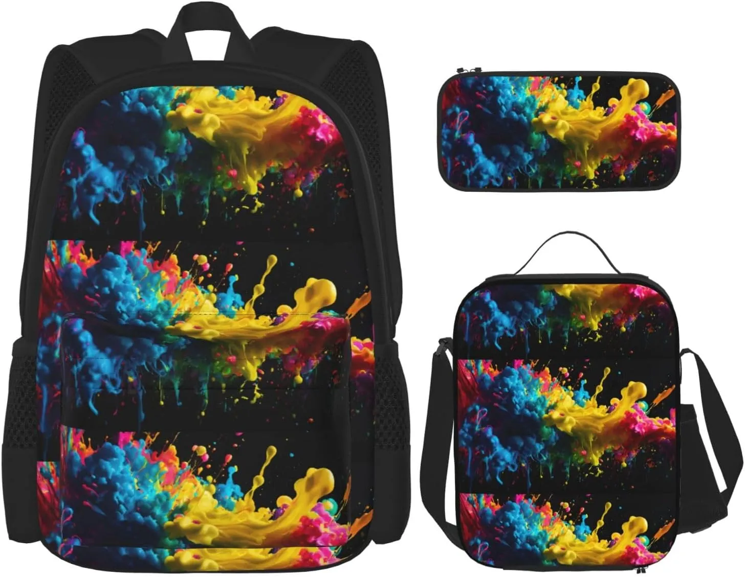 Paint Splatter Backdrop Print Unisex Stylish Travel Backpack Set With Insulated Lunch Bag,Adjustable Straps