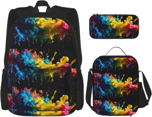 Paint Splatter Backdrop Print Unisex Stylish Travel Backpack Set With Insulated Lunch Bag,Adjustable Straps