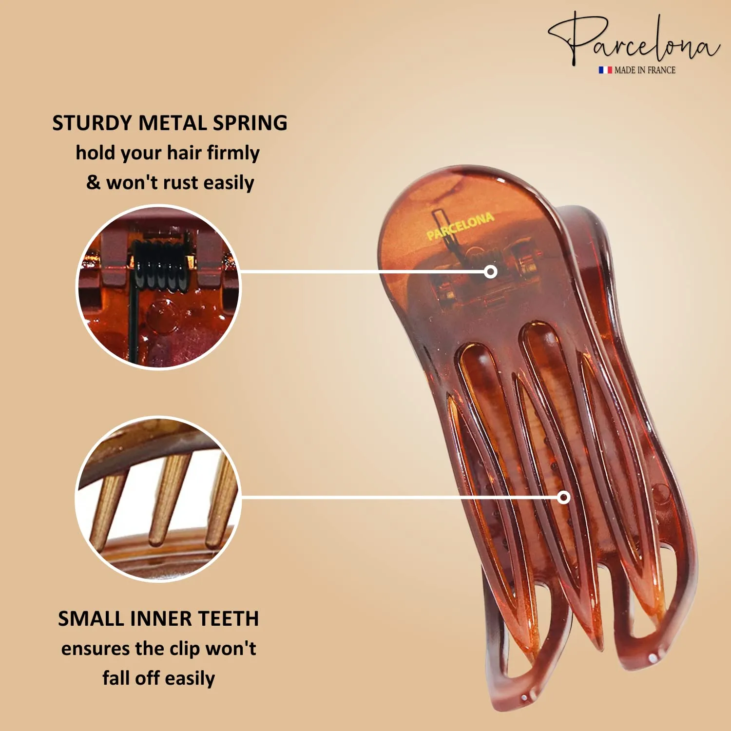 Parcelona French Simply Bear Paw Medium 3” Celluloid Acetate Side Slide In Jaw Yoga Fine Hair Claw Clip for Women and Girls (Brown Streaks)