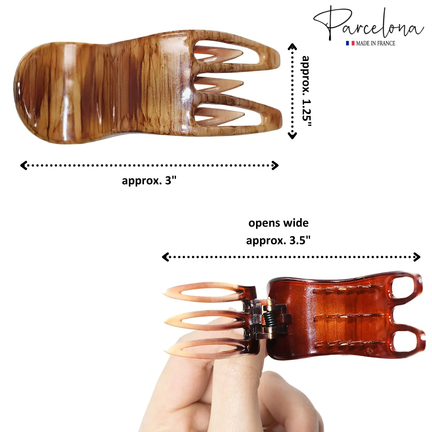 Parcelona French Simply Bear Paw Medium 3” Celluloid Acetate Side Slide In Jaw Yoga Fine Hair Claw Clip for Women and Girls (Brown Streaks)