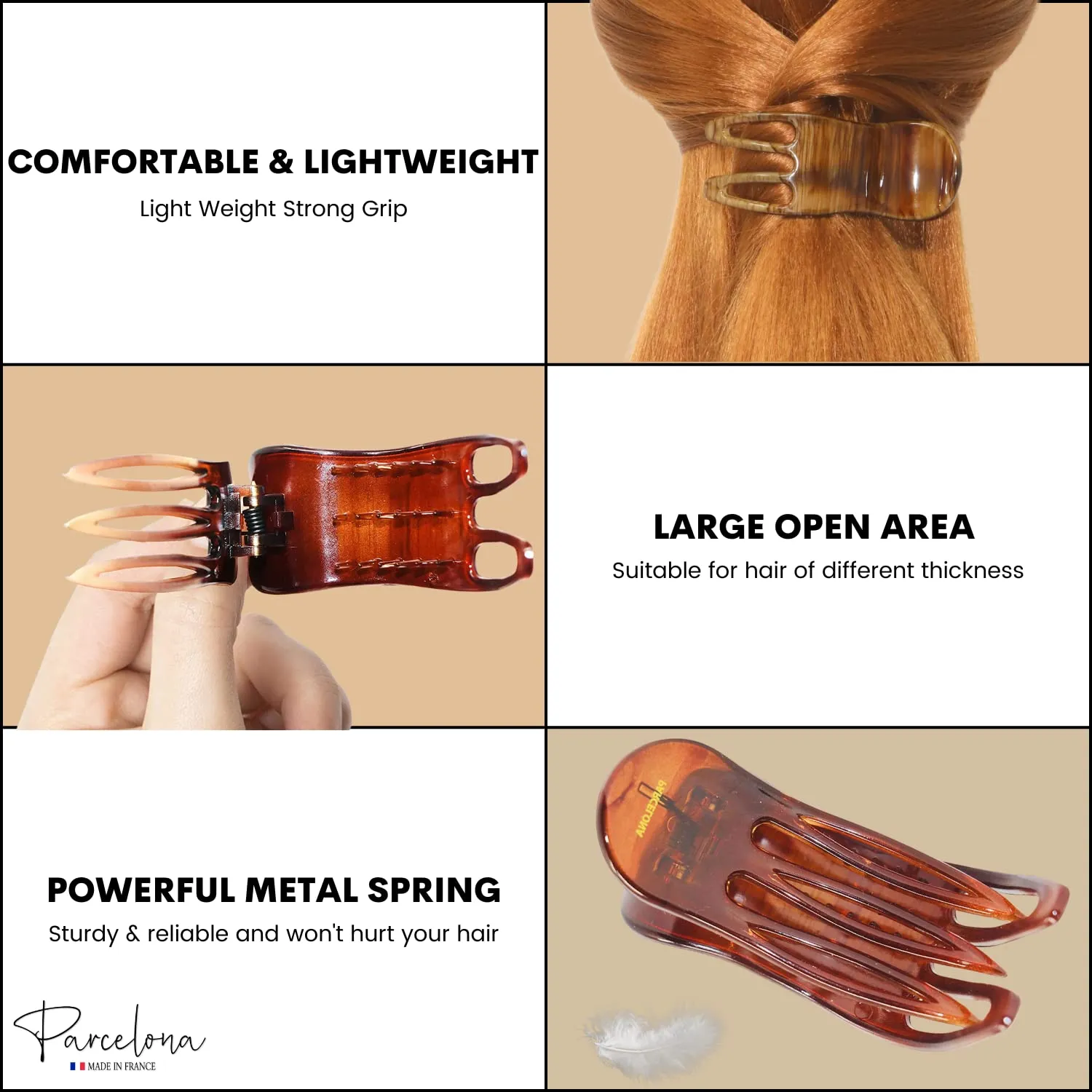 Parcelona French Simply Bear Paw Medium 3” Celluloid Acetate Side Slide In Jaw Yoga Fine Hair Claw Clip for Women and Girls (Brown Streaks)