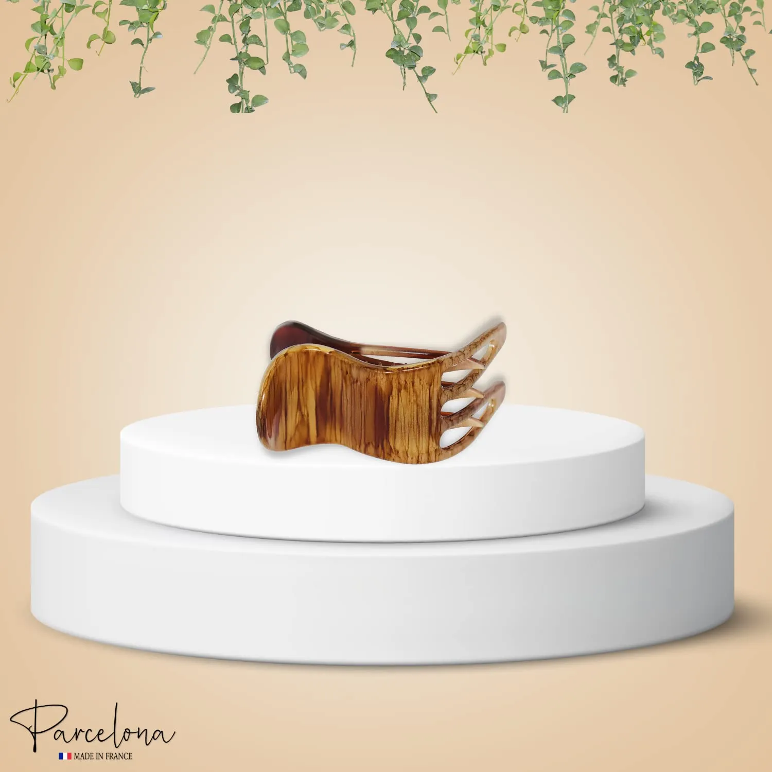 Parcelona French Simply Bear Paw Medium 3” Celluloid Acetate Side Slide In Jaw Yoga Fine Hair Claw Clip for Women and Girls (Brown Streaks)