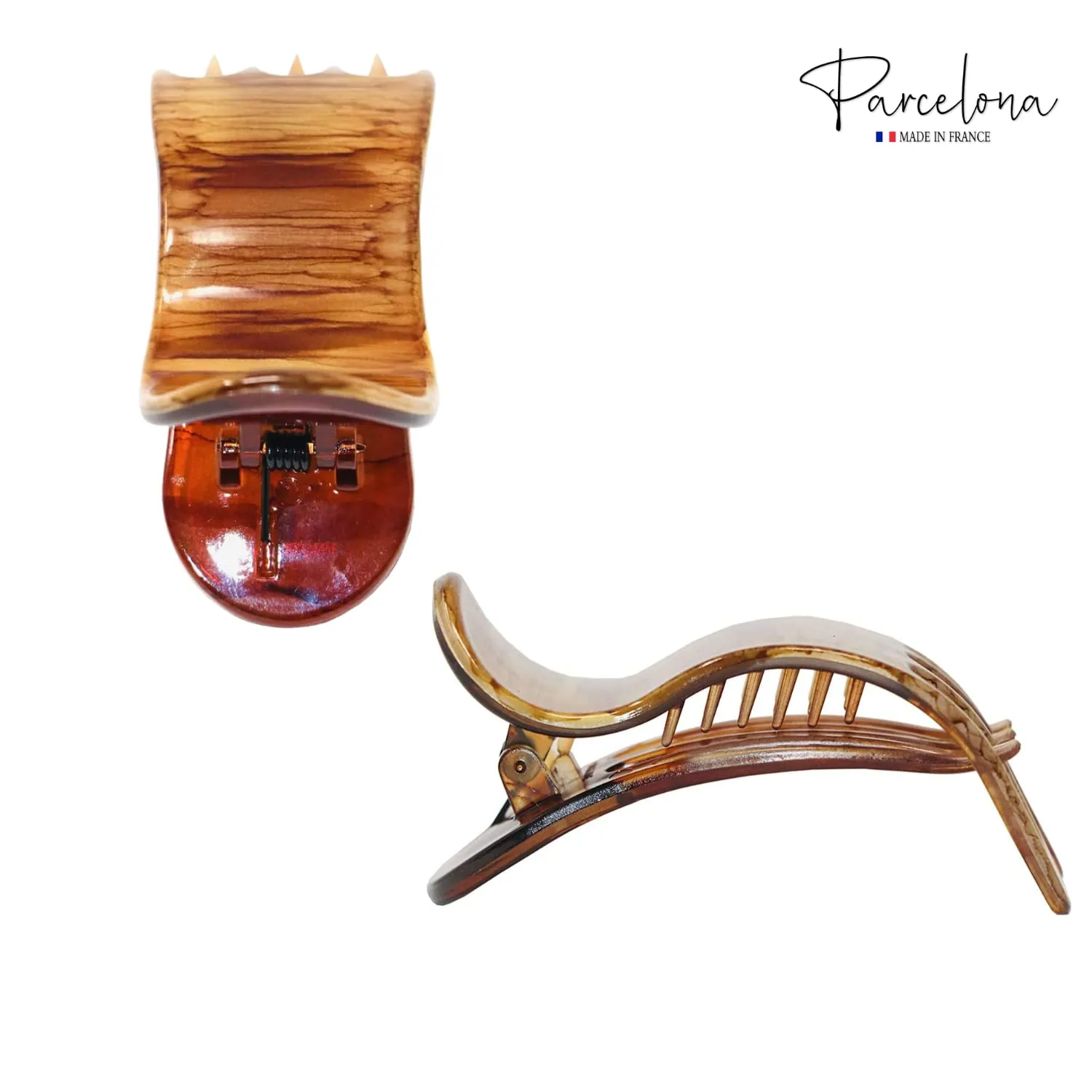 Parcelona French Simply Bear Paw Medium 3” Celluloid Acetate Side Slide In Jaw Yoga Fine Hair Claw Clip for Women and Girls (Brown Streaks)