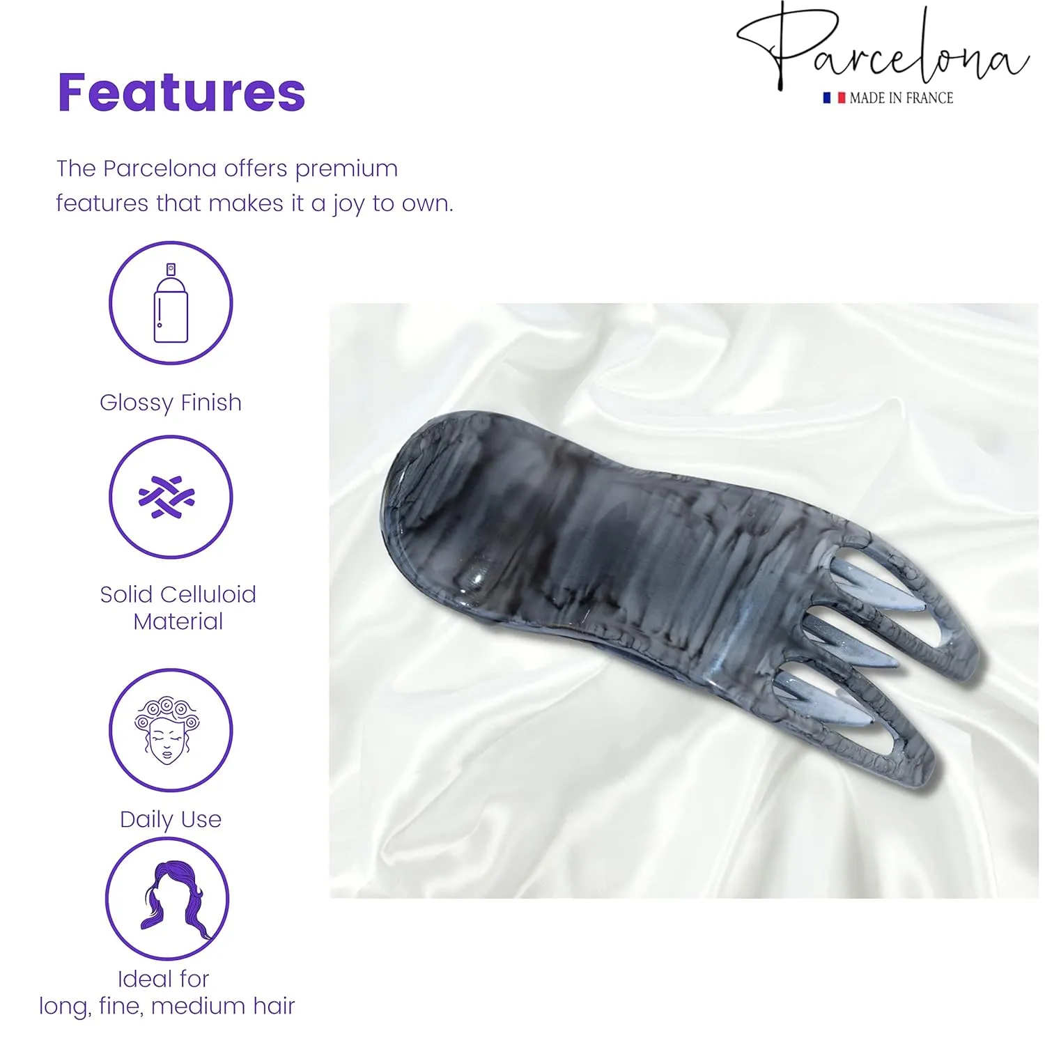 Parcelona French Simply Bear Paw Medium 3” Celluloid Acetate Side Slide In Jaw Yoga Fine Hair Claw Clip for Women and Girls (Grey Streaks)