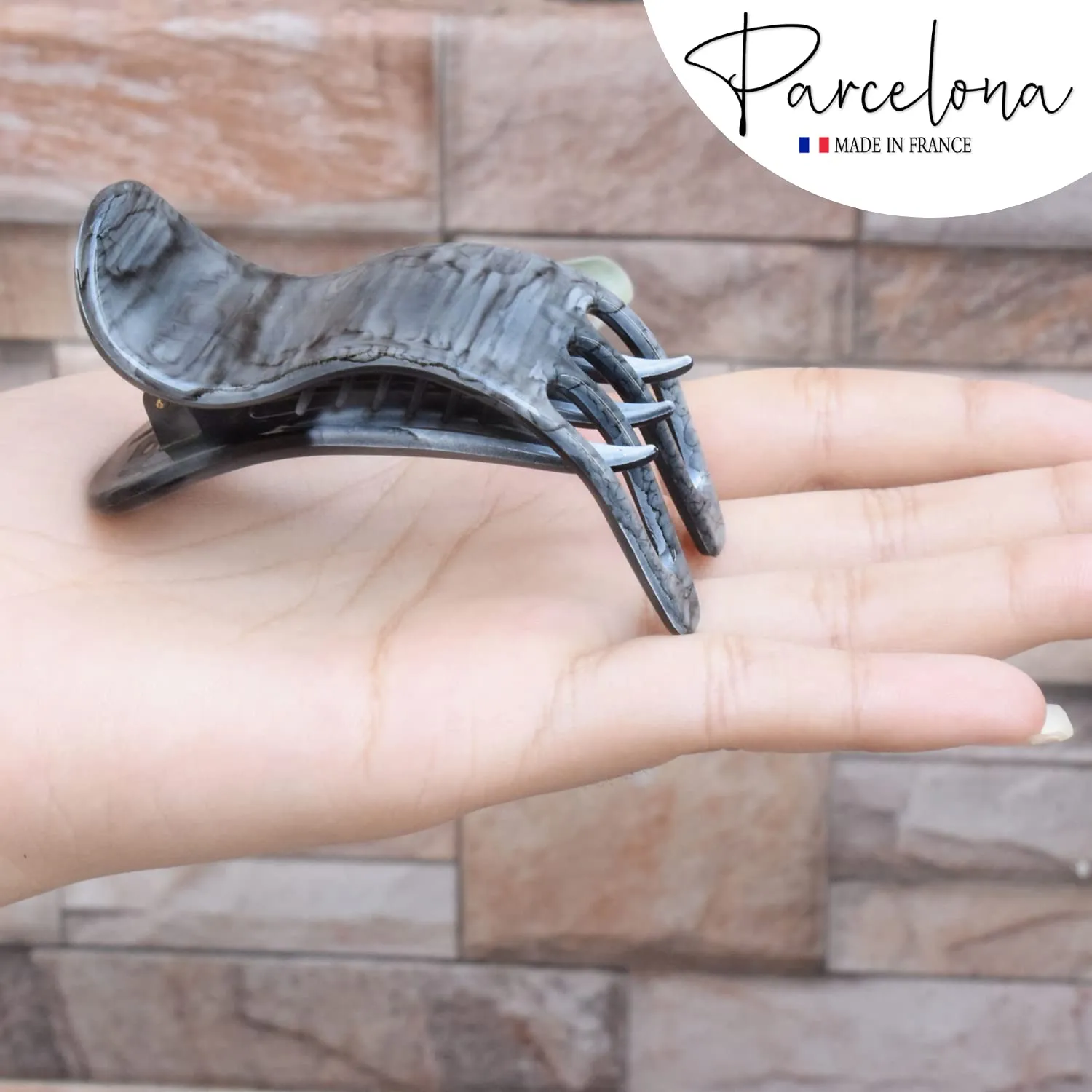Parcelona French Simply Bear Paw Medium 3” Celluloid Acetate Side Slide In Jaw Yoga Fine Hair Claw Clip for Women and Girls (Grey Streaks)