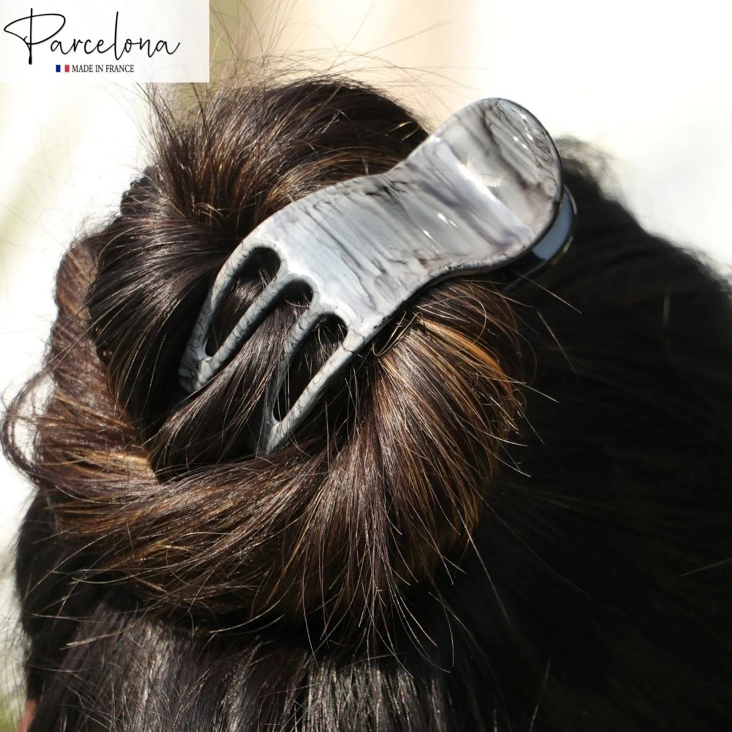 Parcelona French Simply Bear Paw Medium 3” Celluloid Acetate Side Slide In Jaw Yoga Fine Hair Claw Clip for Women and Girls (Grey Streaks)