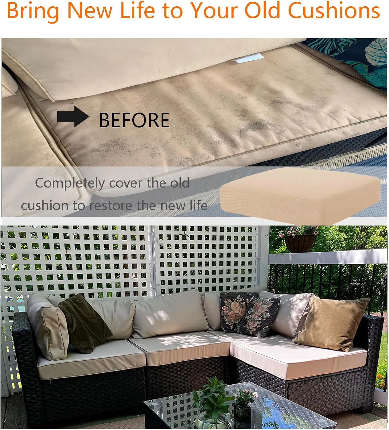 Patio Seat Cushion Replacement Outdoor Covers for Patio Furniture, Deep Seat Bottom and Back Cushion Set for Chair, Sofa and Couch, 2Packs, 28x28x6/28x13x6, Camel