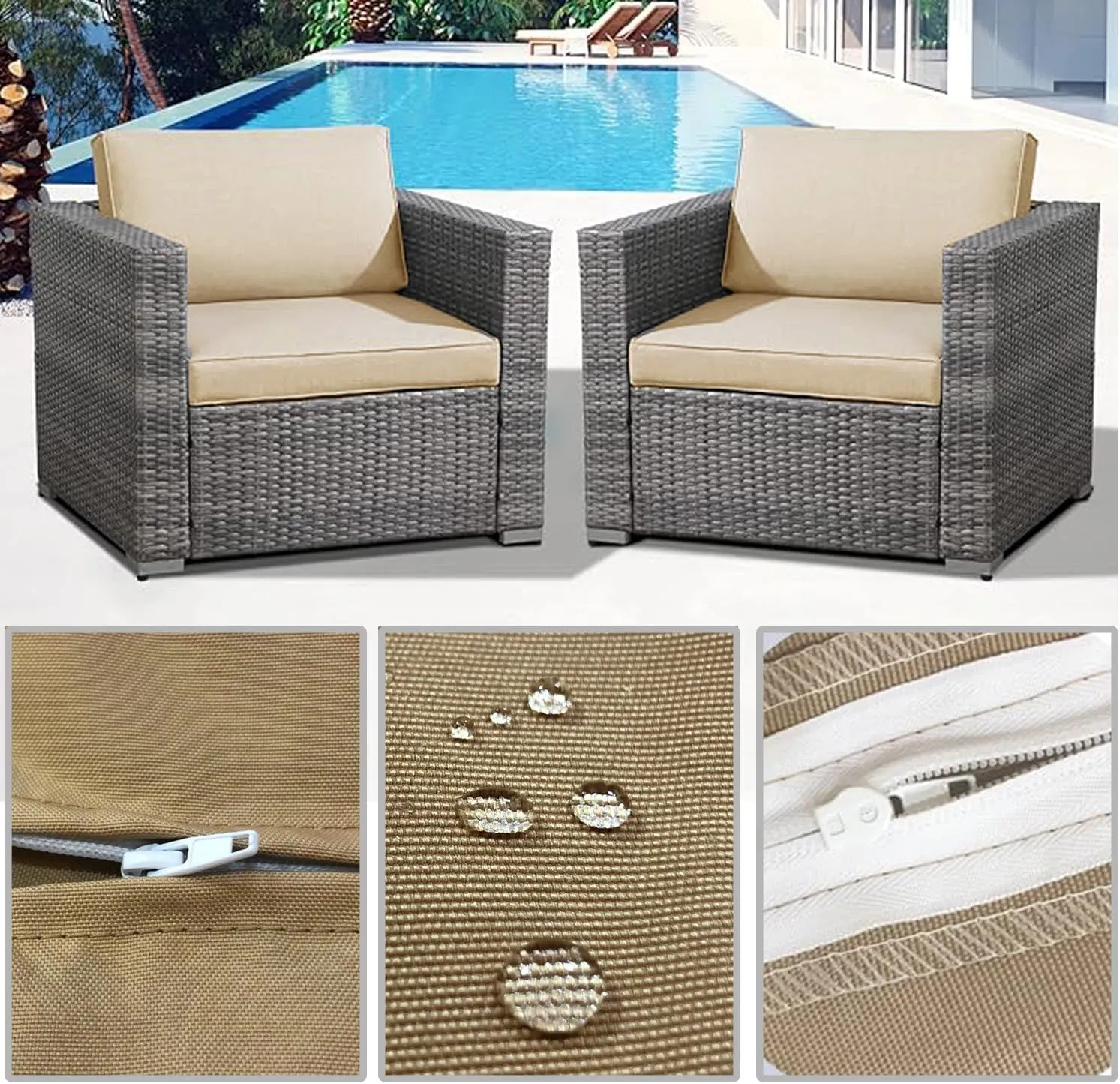 Patio Seat Cushion Replacement Outdoor Covers for Patio Furniture, Deep Seat Bottom and Back Cushion Set for Chair, Sofa and Couch, 2Packs, 28x28x6/28x13x6, Camel