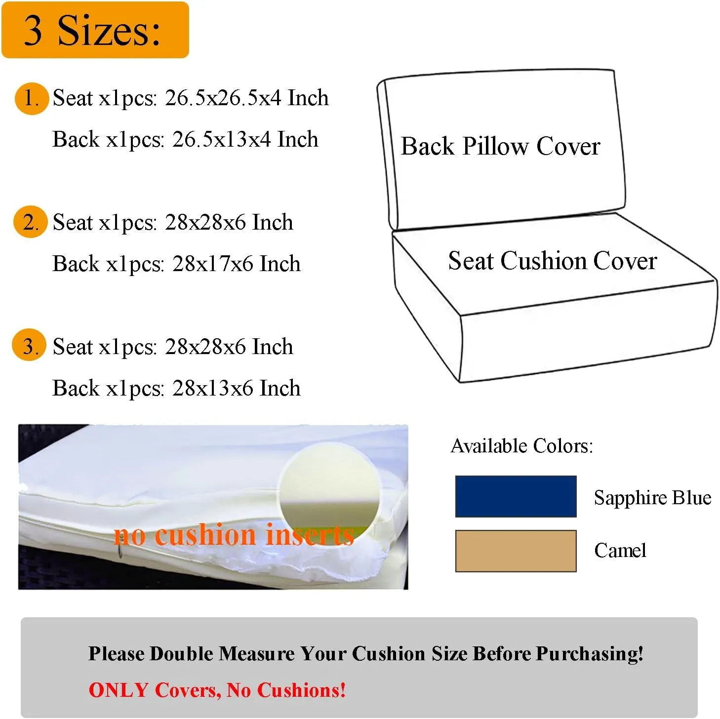 Patio Seat Cushion Replacement Outdoor Covers for Patio Furniture, Deep Seat Bottom and Back Cushion Set for Chair, Sofa and Couch, 2Packs, 28x28x6/28x13x6, Camel
