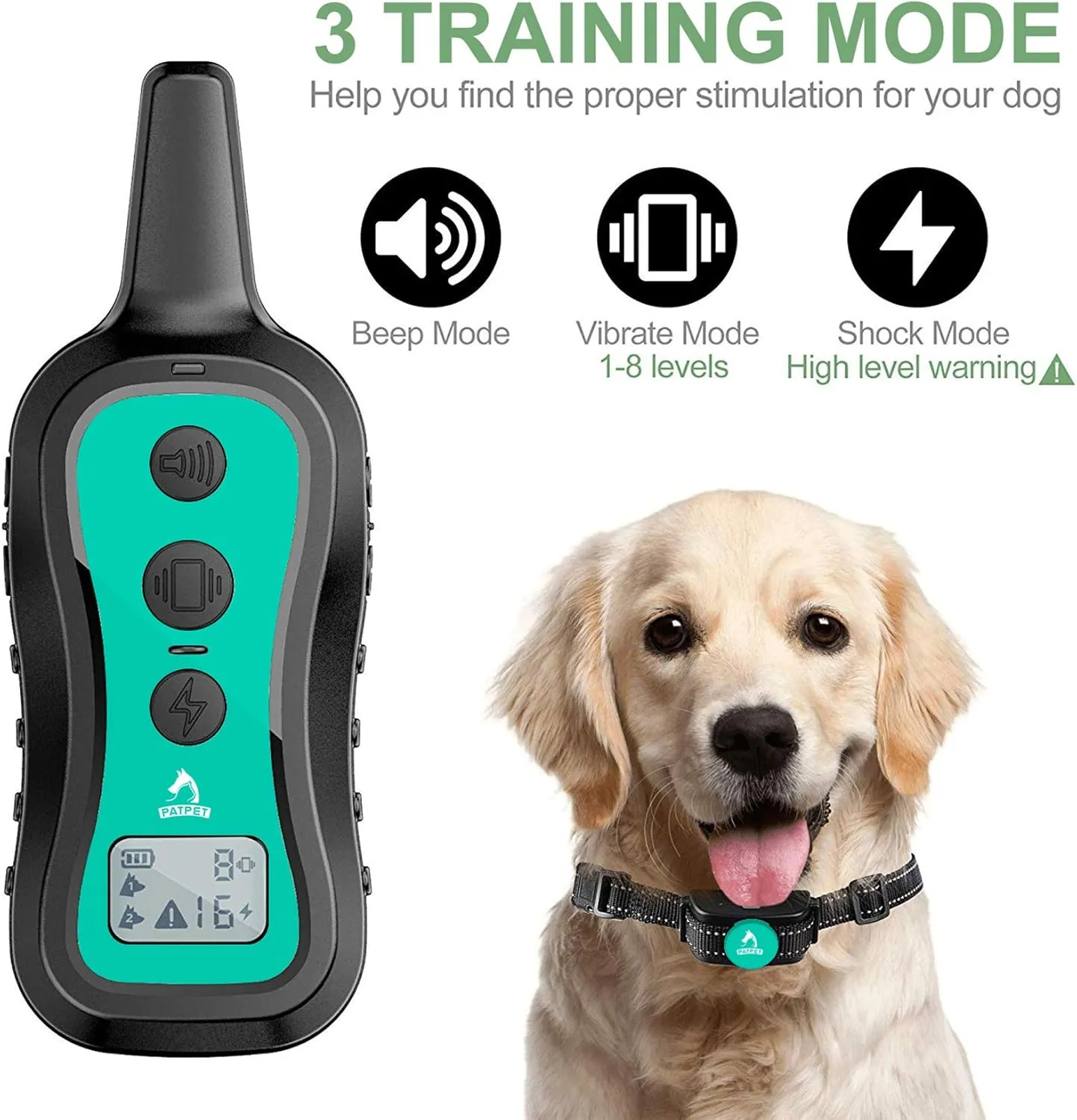 PATPET Dog Training Collar Dog Shock Collar with Remote - 3 Training Modes, Beep, Vibration and Shock, Up to 1000 ft Remote Range, Rainproof for Small Medium Large Dogs