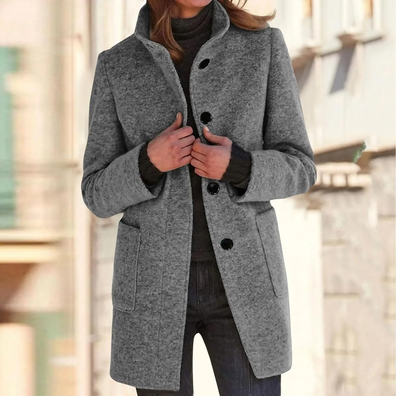 Pea Coat for Women Stand Collar Single Breasted Wool Coats Mid Length Trench Coat with Pocket Winter Coats for Women