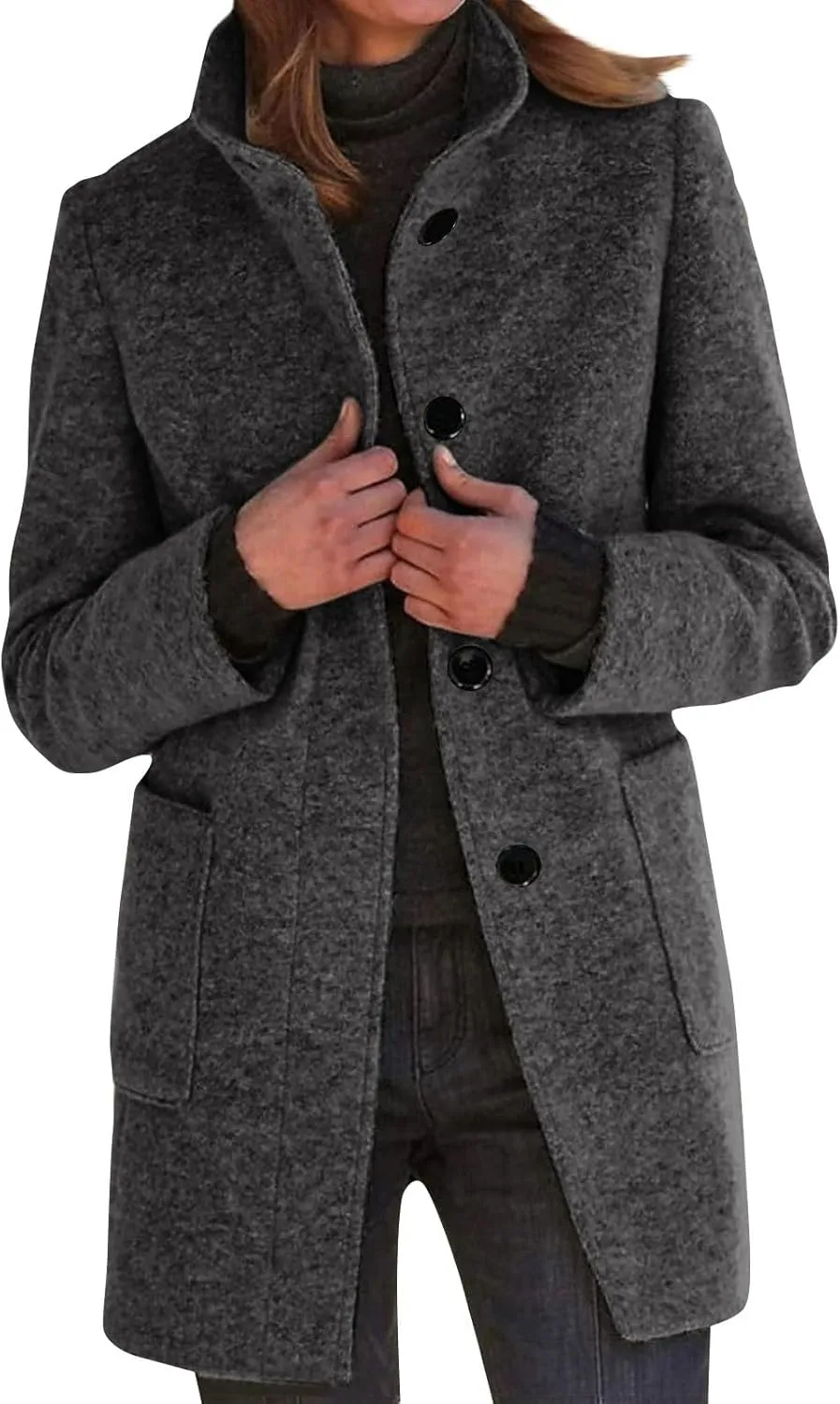 Pea Coat for Women Stand Collar Single Breasted Wool Coats Mid Length Trench Coat with Pocket Winter Coats for Women