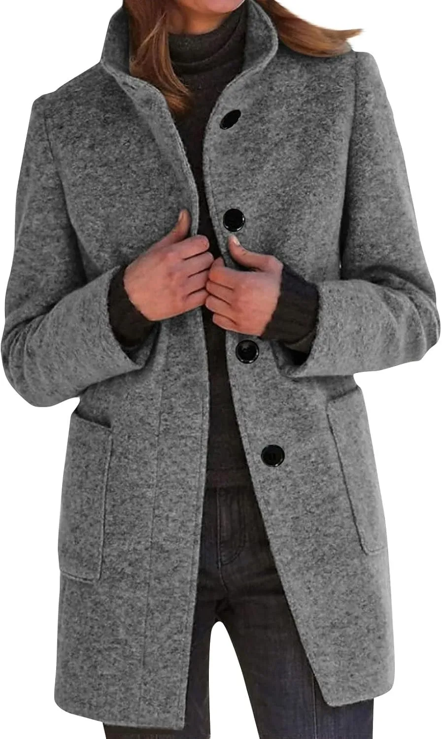 Pea Coat for Women Stand Collar Single Breasted Wool Coats Mid Length Trench Coat with Pocket Winter Coats for Women