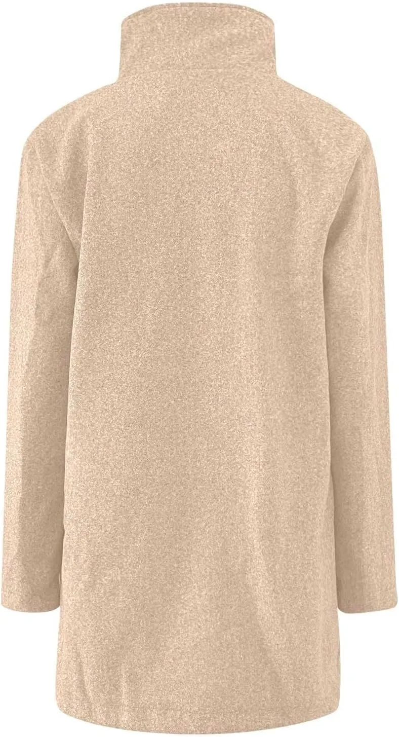 Pea Coat for Women Stand Collar Single Breasted Wool Coats Mid Length Trench Coat with Pocket Winter Coats for Women