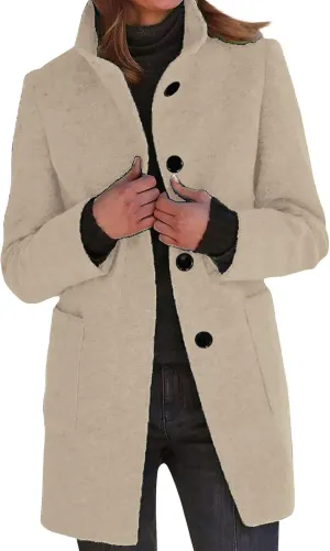 Pea Coat for Women Stand Collar Single Breasted Wool Coats Mid Length Trench Coat with Pocket Winter Coats for Women
