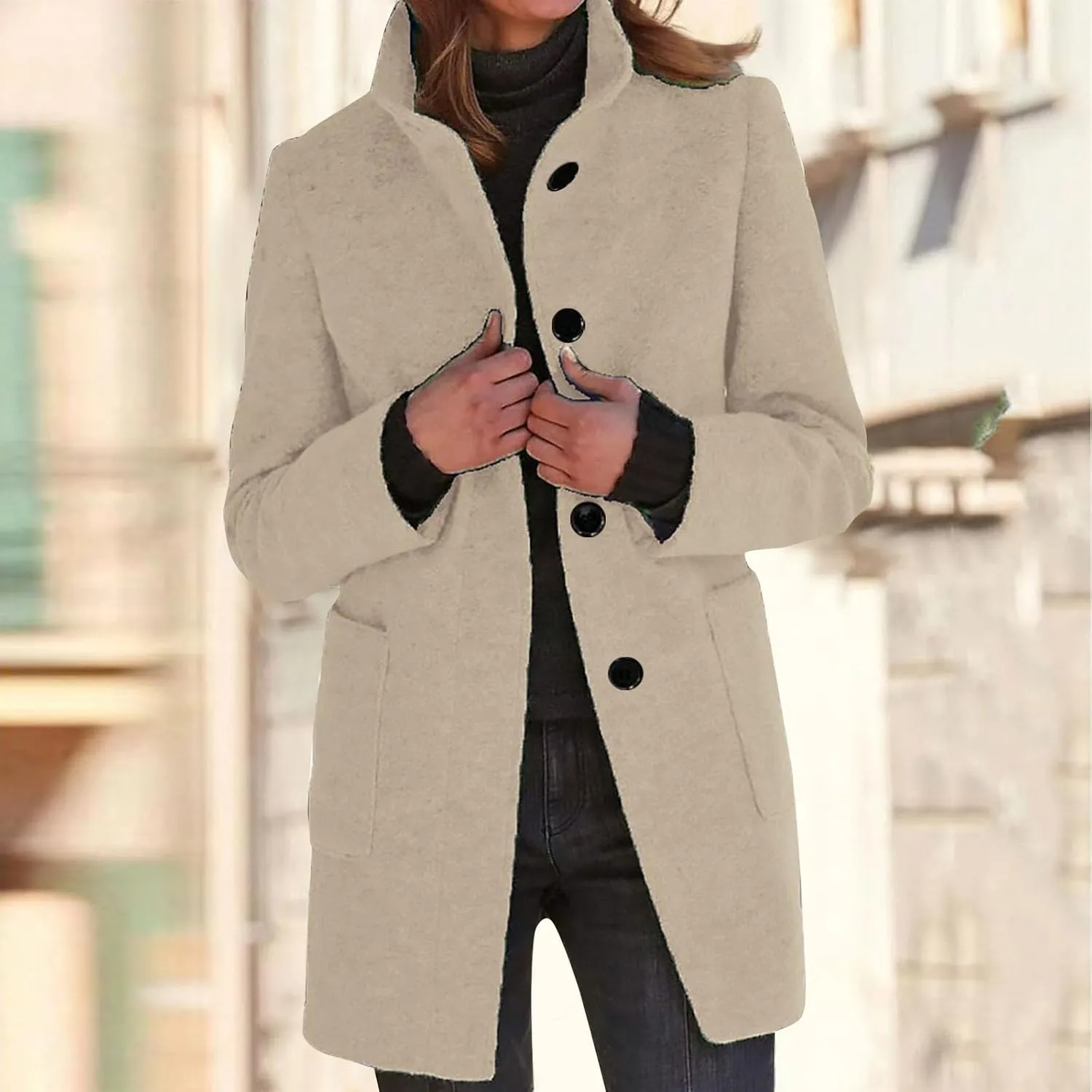 Pea Coat for Women Stand Collar Single Breasted Wool Coats Mid Length Trench Coat with Pocket Winter Coats for Women