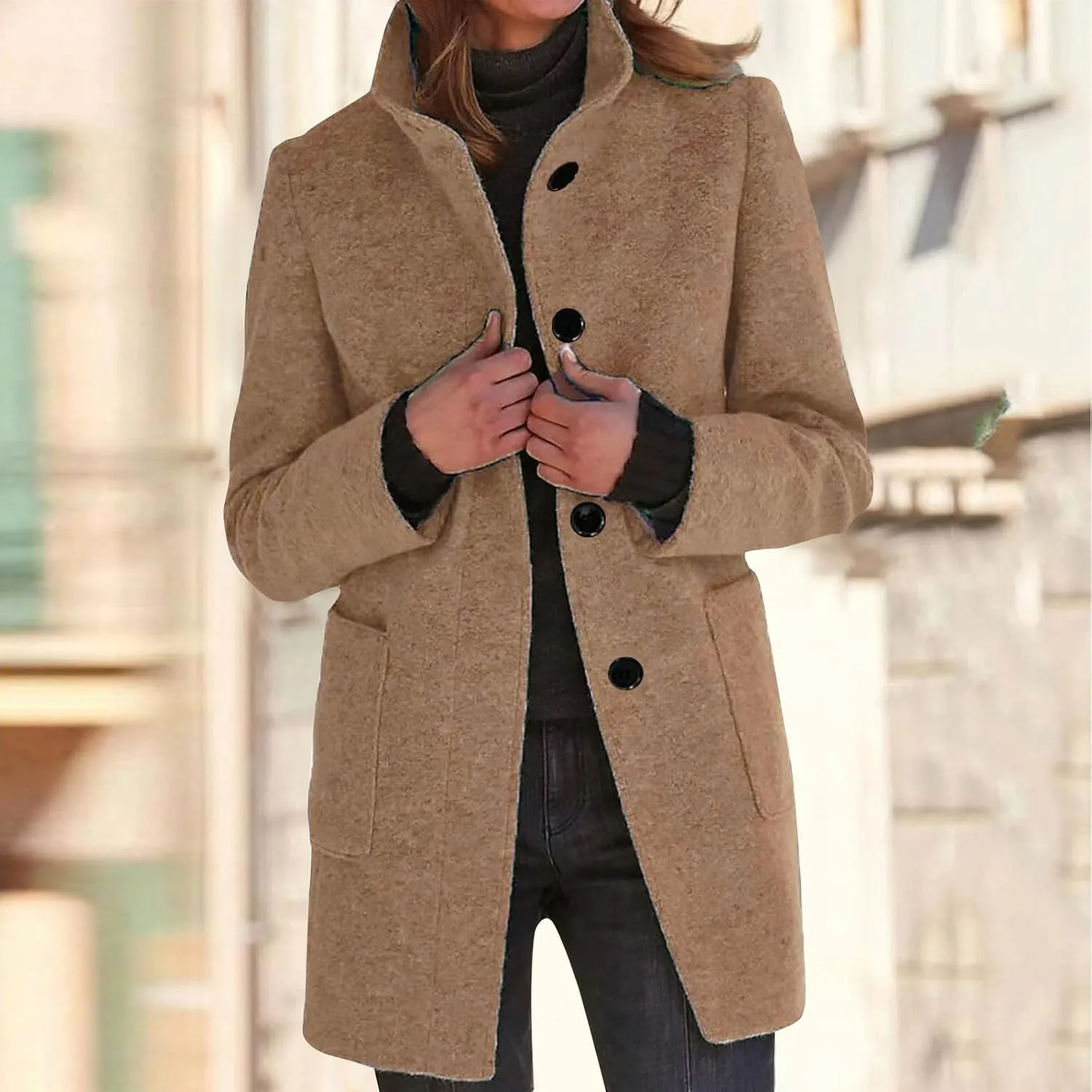 Pea Coat for Women Stand Collar Single Breasted Wool Coats Mid Length Trench Coat with Pocket Winter Coats for Women