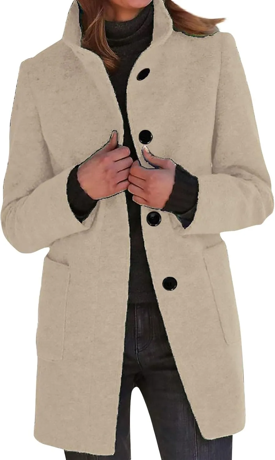 Pea Coat for Women Stand Collar Single Breasted Wool Coats Mid Length Trench Coat with Pocket Winter Coats for Women