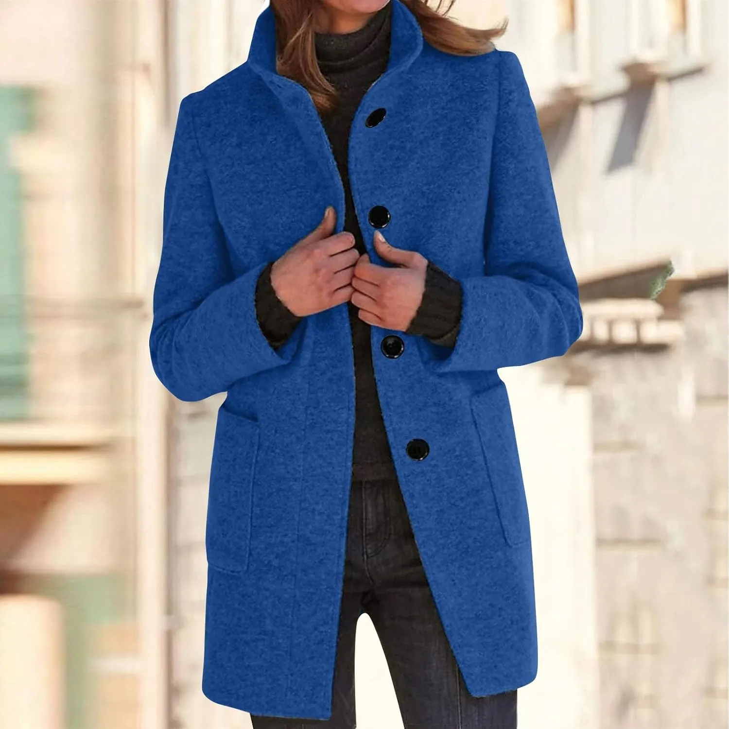 Pea Coat for Women Stand Collar Single Breasted Wool Coats Mid Length Trench Coat with Pocket Winter Coats for Women
