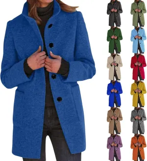 Pea Coat for Women Stand Collar Single Breasted Wool Coats Mid Length Trench Coat with Pocket Winter Coats for Women