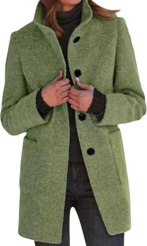 Pea Coat for Women Stand Collar Single Breasted Wool Coats Mid Length Trench Coat with Pocket Winter Coats for Women