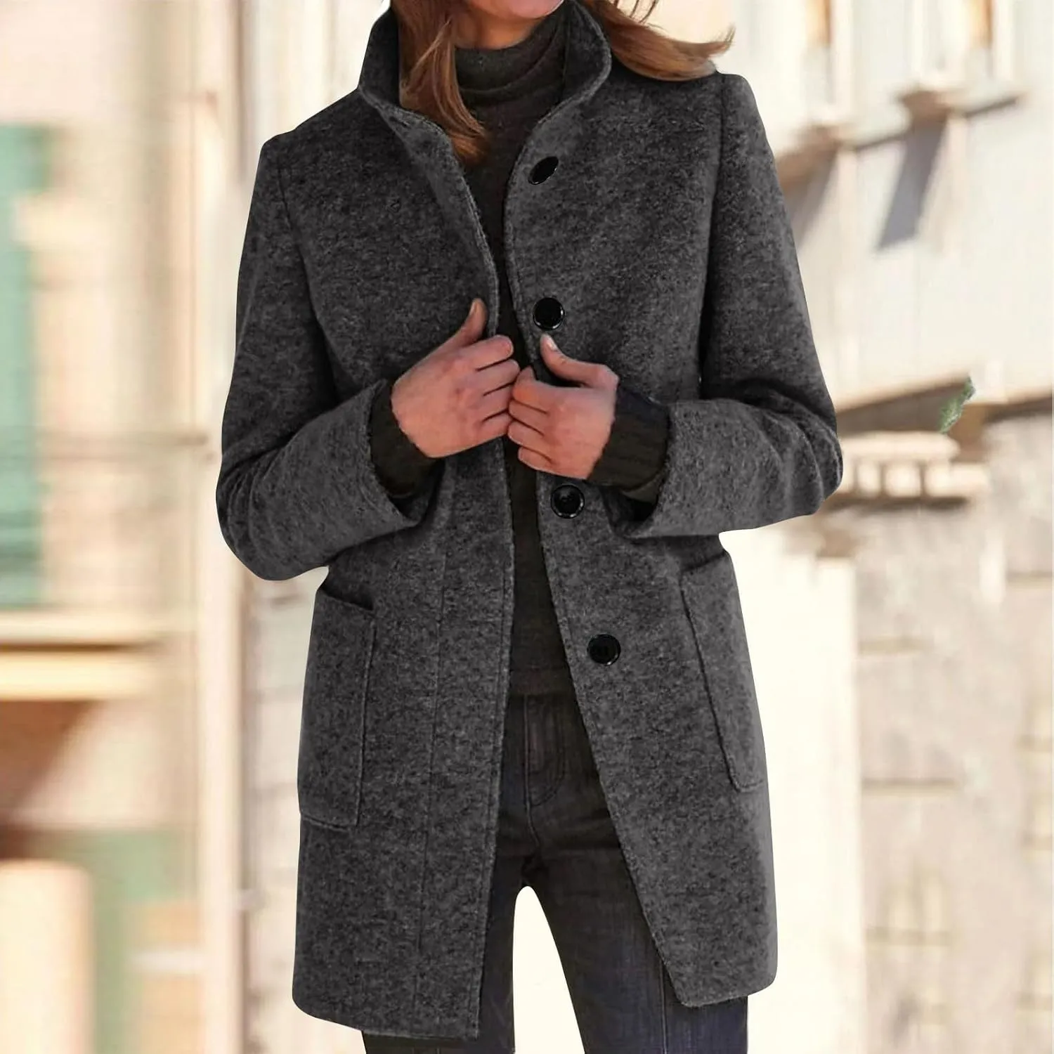 Pea Coat for Women Stand Collar Single Breasted Wool Coats Mid Length Trench Coat with Pocket Winter Coats for Women