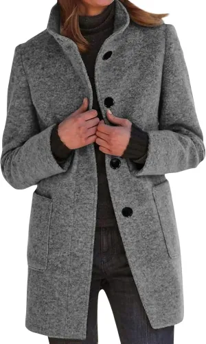 Pea Coat for Women Stand Collar Single Breasted Wool Coats Mid Length Trench Coat with Pocket Winter Coats for Women