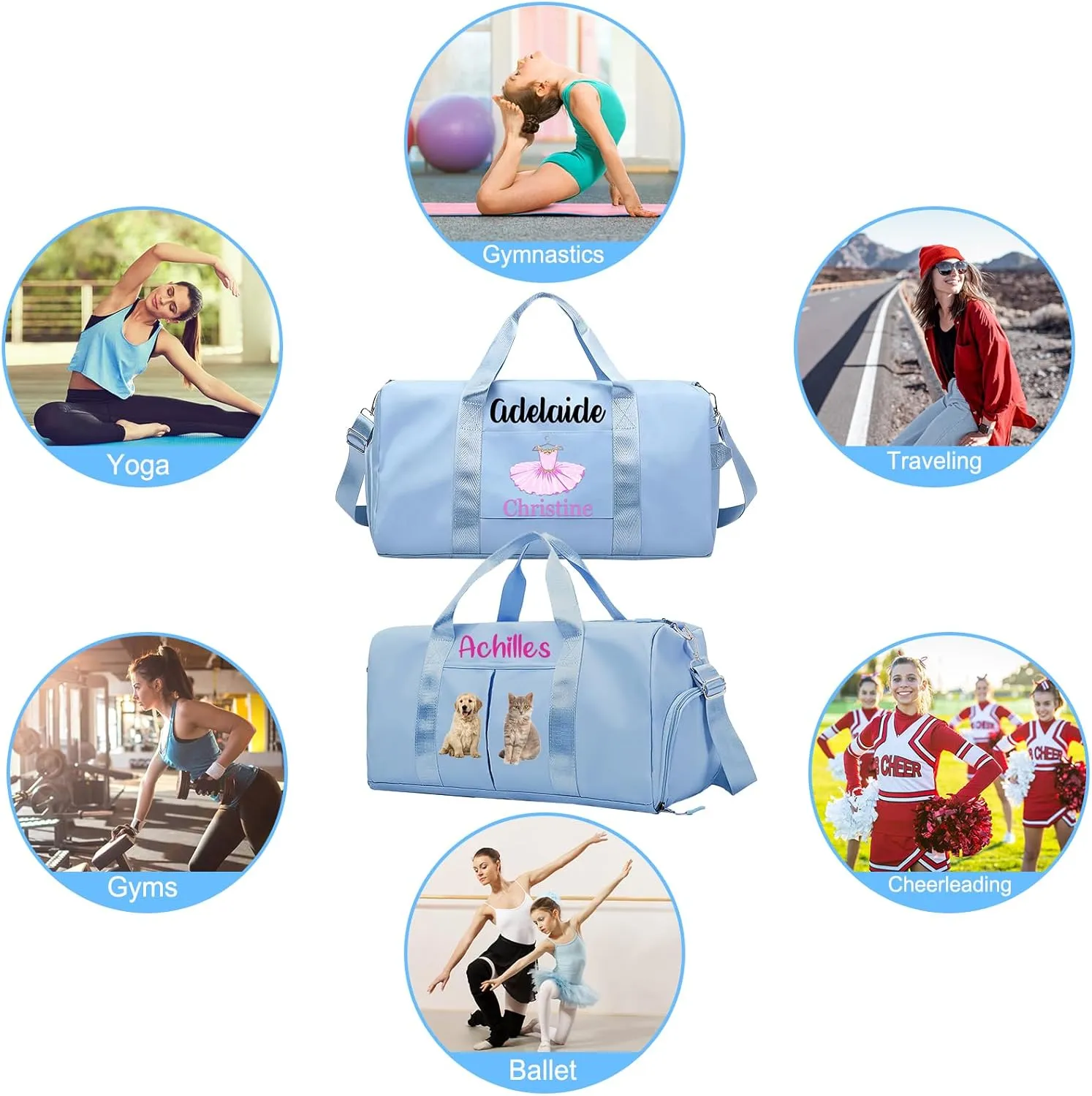 Personalized Ballet Duffle Bag for Women Girls,Custom Sport Gym Travel Bags Printed Name Text,Customized Dry Wet Separated Overnight Weekender Waterproof Bag Gift - Gray